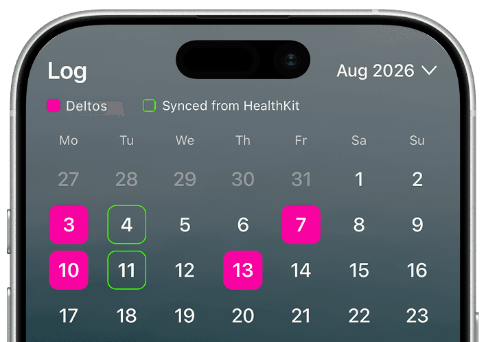 The Deltos Log screen showing a monthly calendar with workout days marked in pink and HealthKit days outlined in green